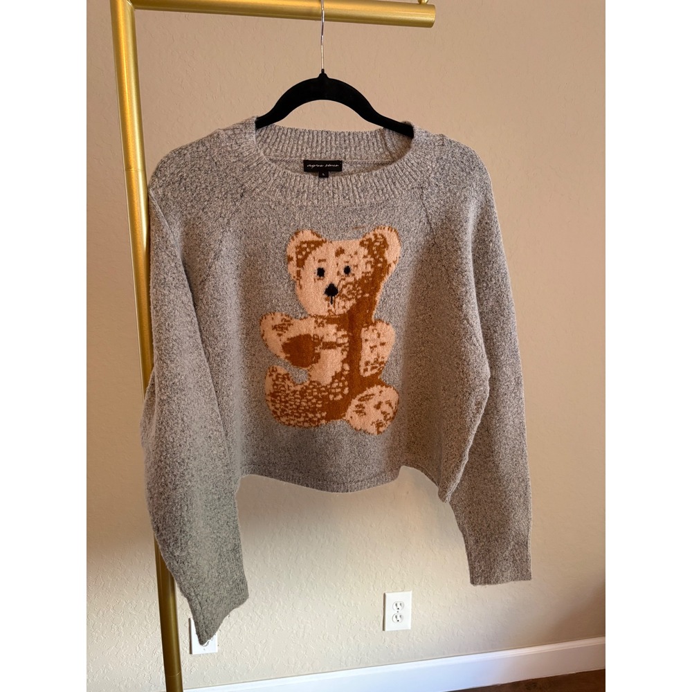 Agua Blues Gray Teddy Bear Cropped Sweater Womens L Cozy Cute Whimsy Twee